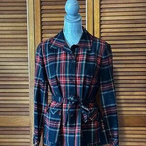Vintage 1970s Pendleton Wool Red Green Black Tartan Plaid Blazer with Tie Belt